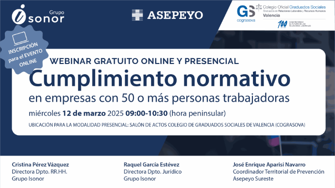 Webinar Cumplimiento Normativo en empresas con 50 o más personas trabajadoras. Inscripción en modalidad online